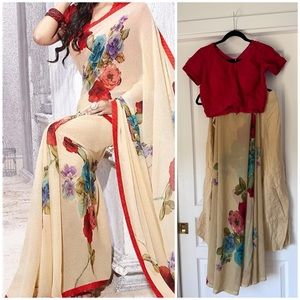 Faux Georgette Saree with Floral Print - Size S - Red/Beige